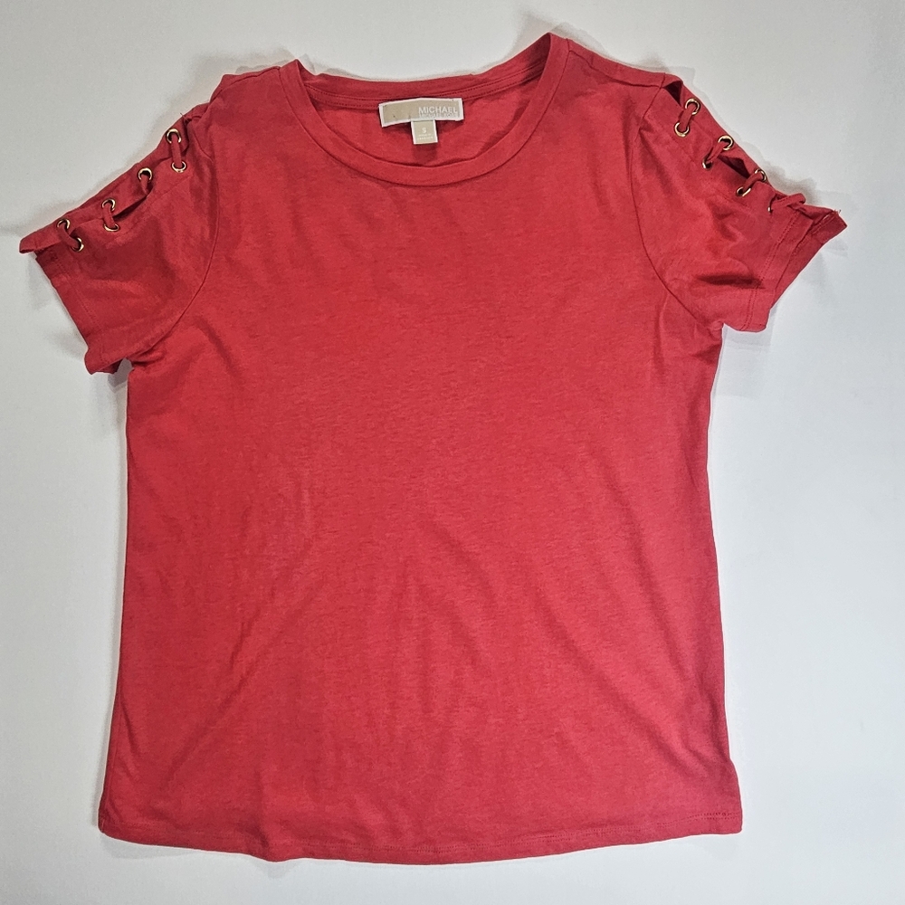 Michael Kors Blouse Womens Small Orange Gold Sleeve‎ Accents Casual Designer Top